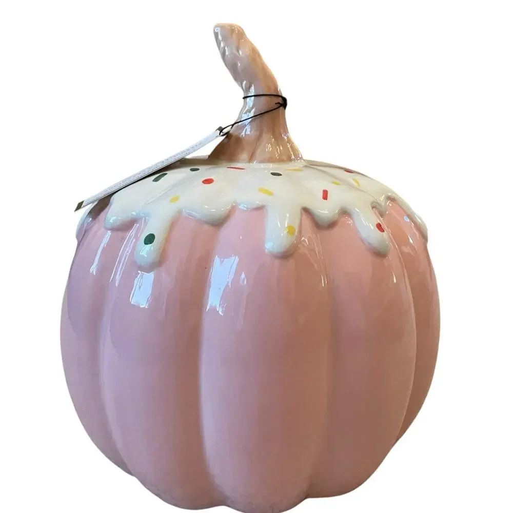 Frosted Sprinkle PINK Cupcake Ceramic Halloween Pumpkin 9.5